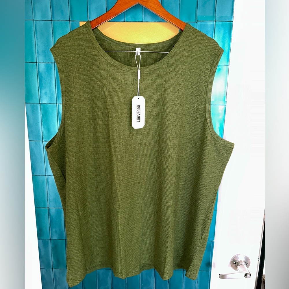 Sleeveless Olive Green Muscle Tee — Cozy Textured Knit